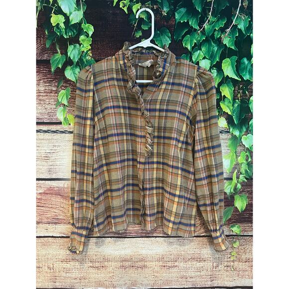 Sezane Coline Shirt Folk Check Print Size French 34 US 2 Western Ruffle Plaid - Picture 5 of 11